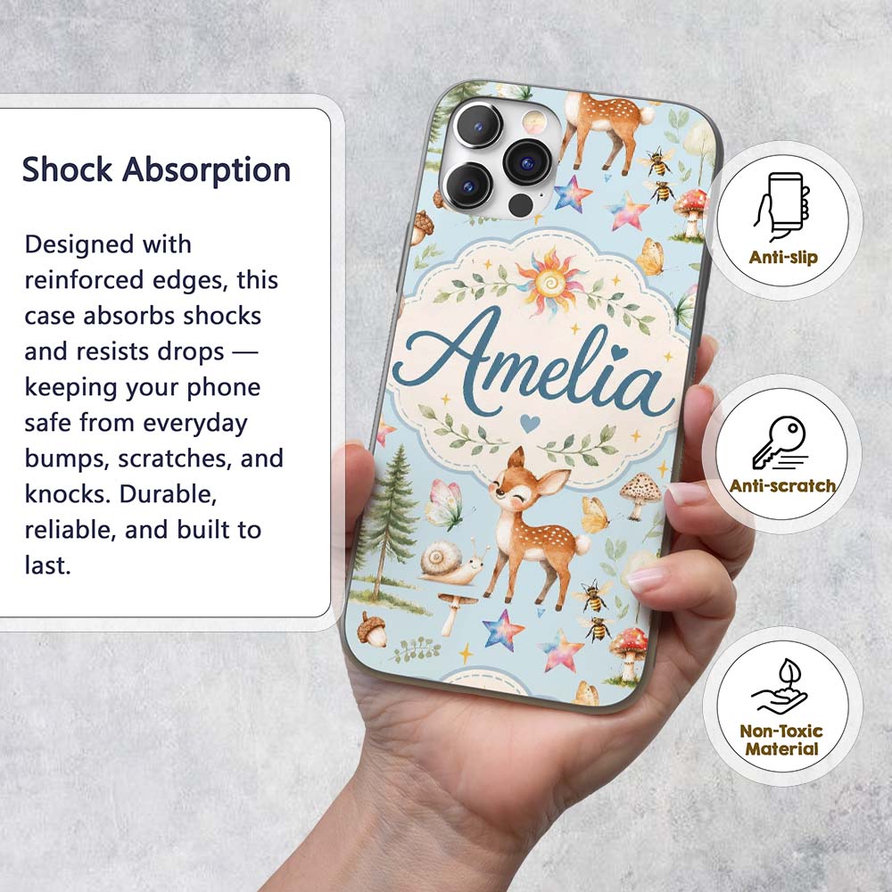 Woodland Deer Owl Mushrooms and Stars on Light Custom Name Protective Phone Case Mobile Cover Durable Everyday Smartphone Shock Resistant