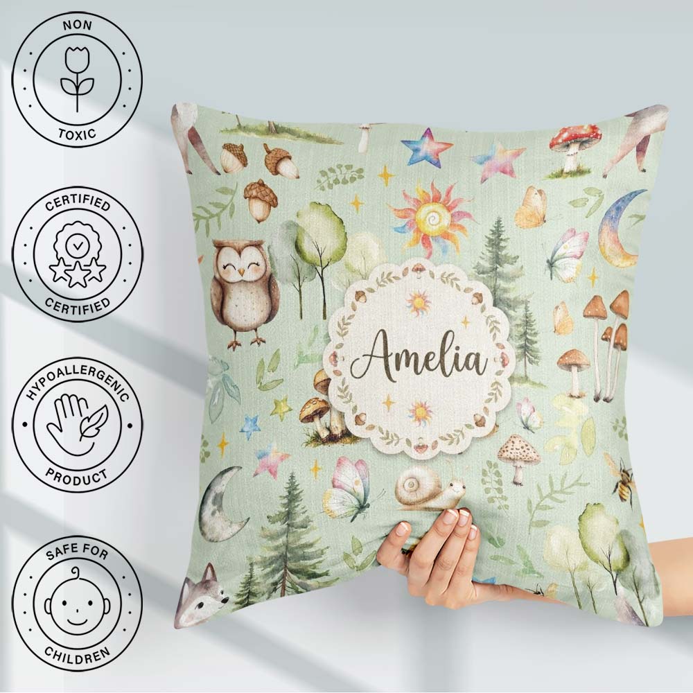 Custom Name Woodland Deer Mushrooms Stars on Sage Green Seamless Square Filled Cushion Throw Pillow Sofa Bed Home Decor Zip Washable UK Made