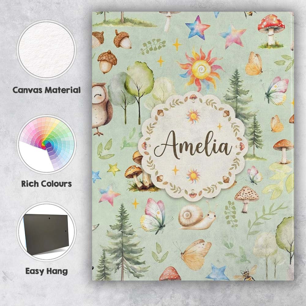 Personalised Name Woodland Deer Owl Mushrooms Custom Unique Gift Idea Modern Room Accent Canvas Wall Art Print Decor Picture Ready to Hang