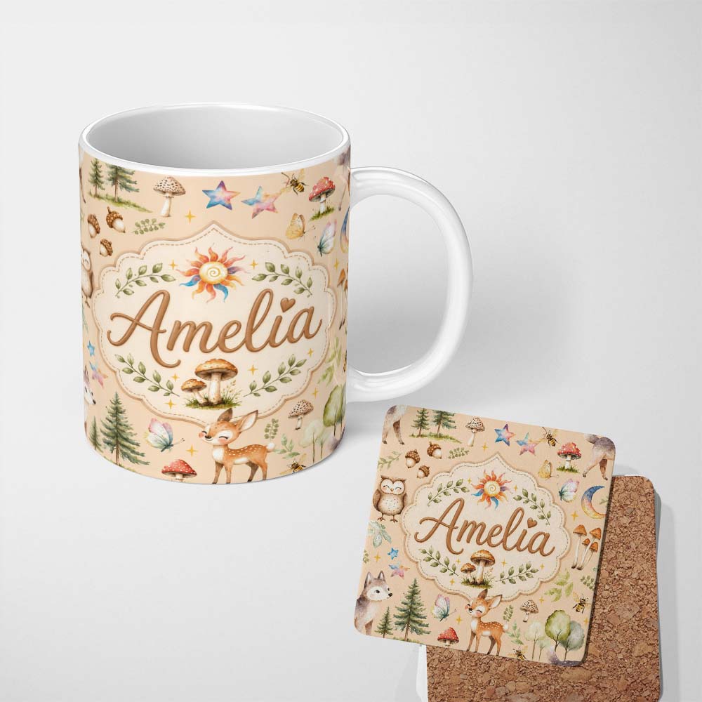 Personalized Custom Name Woodland Deer Owl Mushrooms Stars on Soft Beige Seamless Pattern 11oz Ceramic Coffee Tea Mug White Large Handle