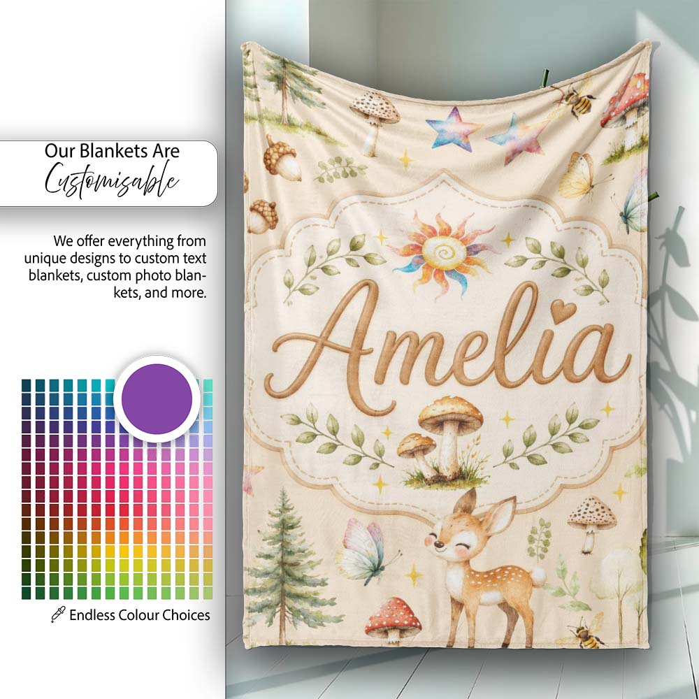 Woodland Deer Owl Mushrooms Stars on Soft Beige Seamless Pattern Personalised Custom Name Super Soft Fleece Blanket Bed Sofa Throw