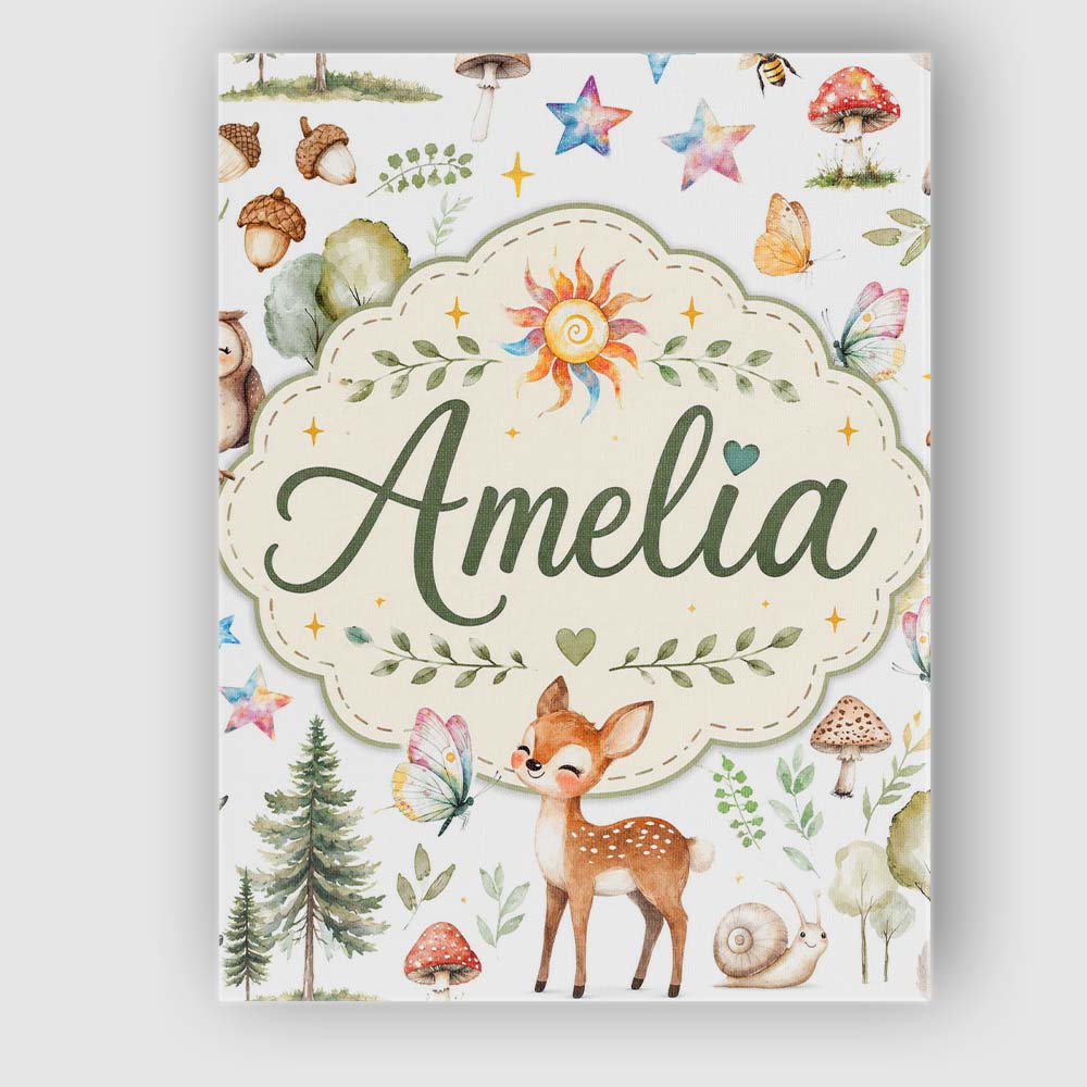 Personalised Name Woodland Deer Owl Mushrooms Custom Unique Gift Idea Modern Room Accent Canvas Wall Art Print Decor Picture Ready to Hang