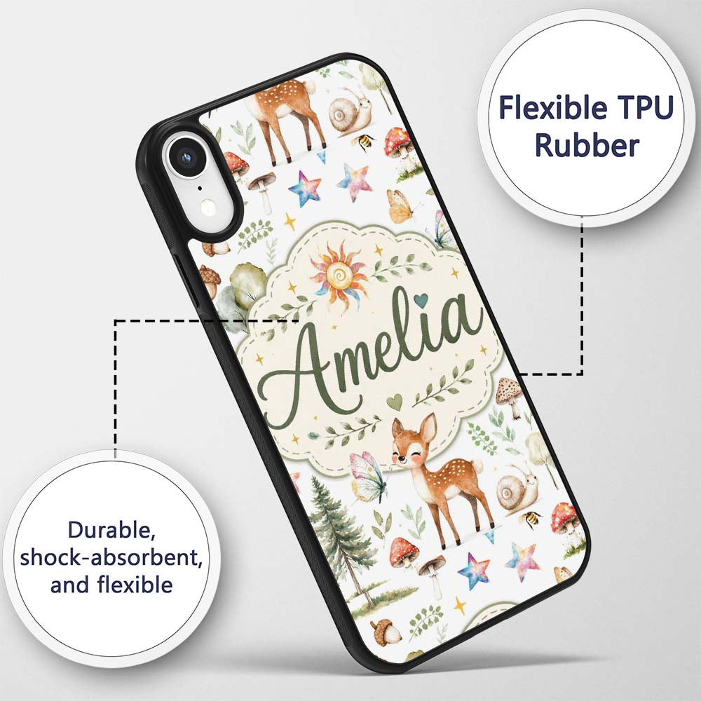 Woodland Deer Owl Mushrooms Stars on Light Grey Custom Name Protective Phone Case Mobile Cover Durable Everyday Smartphone Shock Resistant