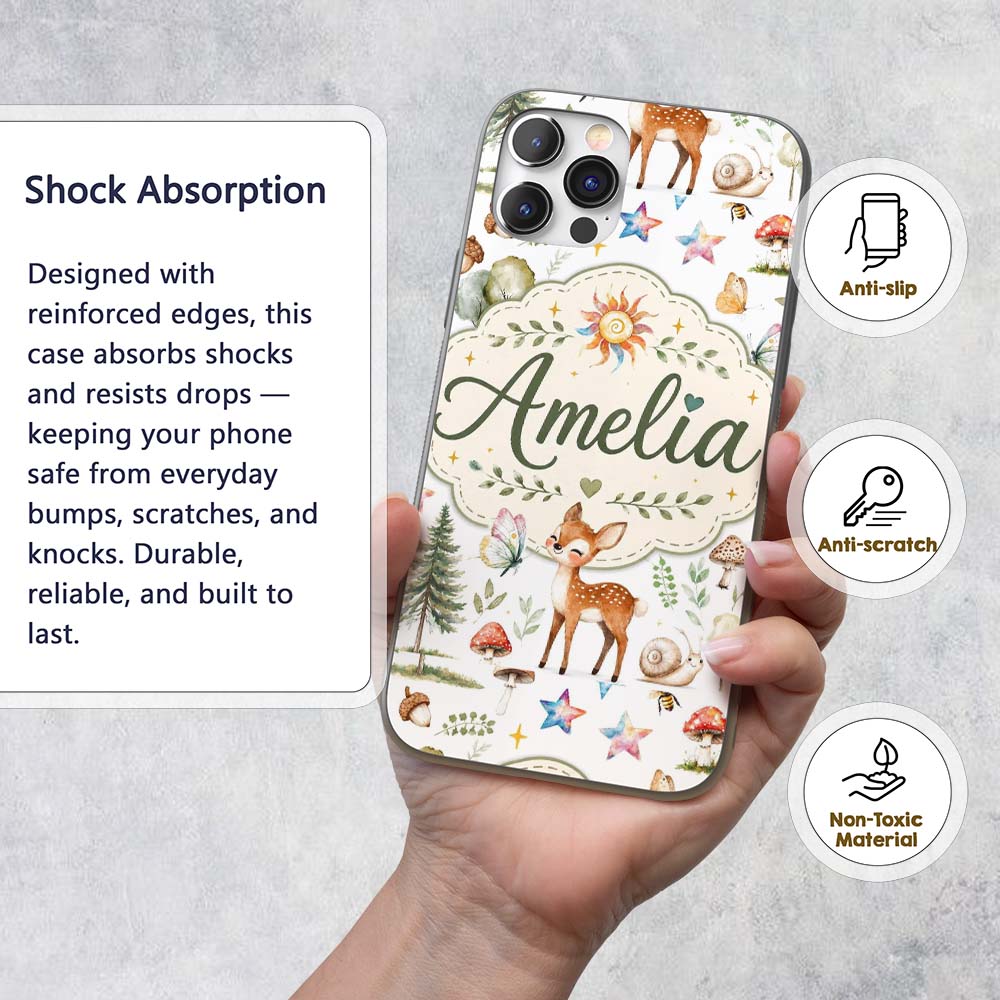 Woodland Deer Owl Mushrooms Stars on Light Grey Custom Name Protective Phone Case Mobile Cover Durable Everyday Smartphone Shock Resistant