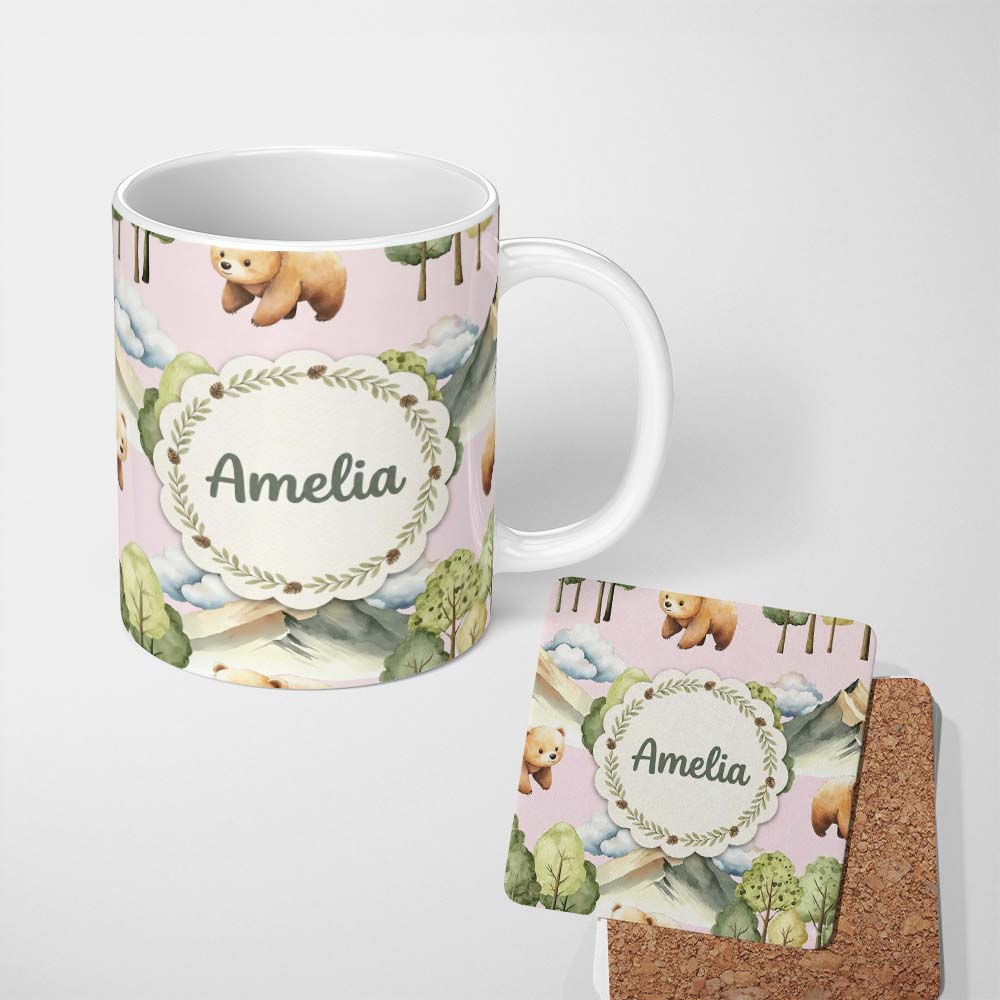 Personalized Custom Name Forest Bear Trees Mountains Clouds on Blush Pink Seamless Pattern 11oz Ceramic Coffee Tea Mug White Large Handle