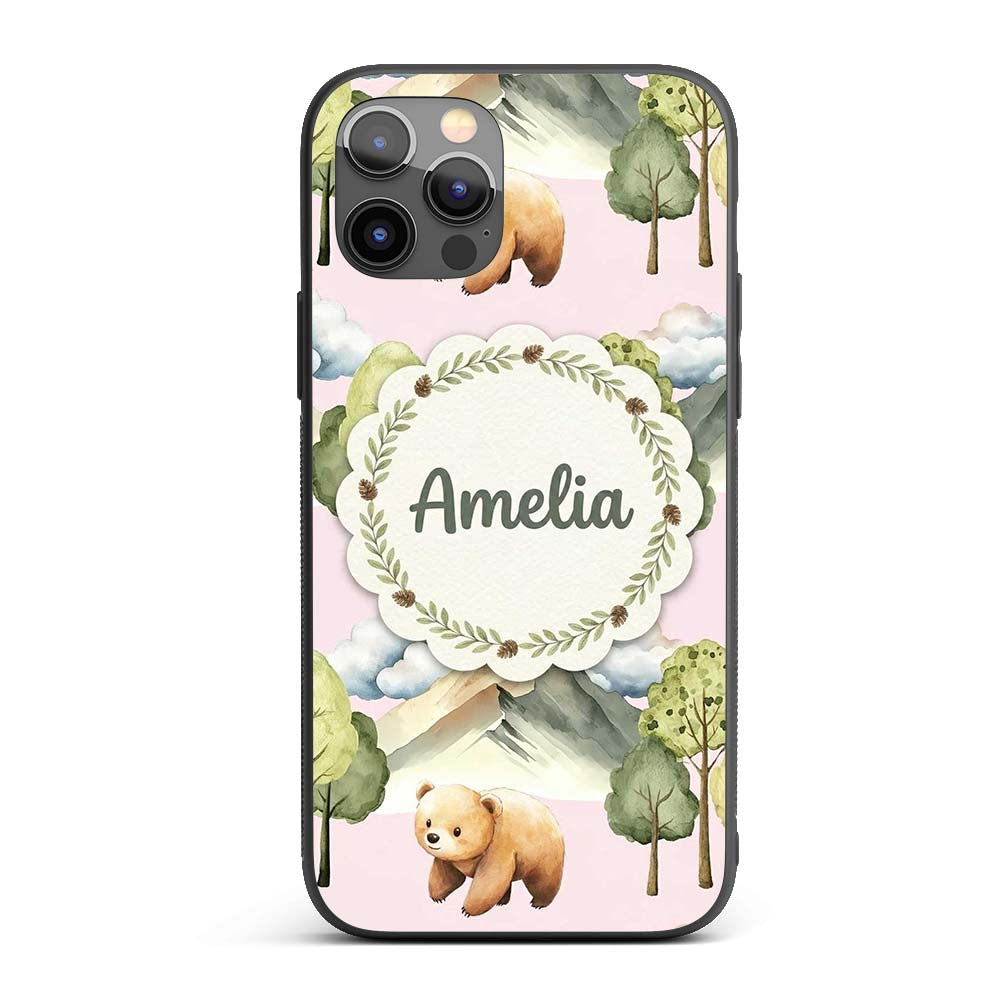 Forest Bear Trees Mountains Clouds on Blush Pink Custom Name Protective Phone Case Mobile Cover Durable Everyday Smartphone Shock Resistant