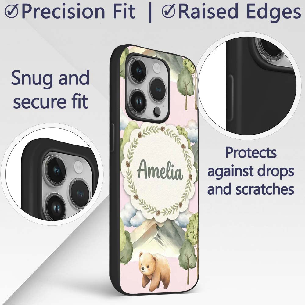 Forest Bear Trees Mountains Clouds on Blush Pink Custom Name Protective Phone Case Mobile Cover Durable Everyday Smartphone Shock Resistant