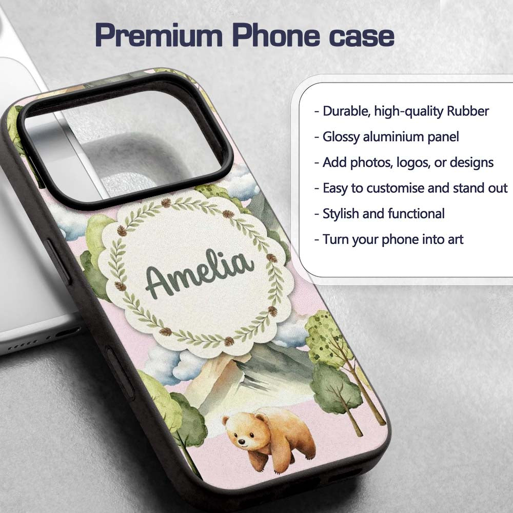 Forest Bear Trees Mountains Clouds on Blush Pink Custom Name Protective Phone Case Mobile Cover Durable Everyday Smartphone Shock Resistant