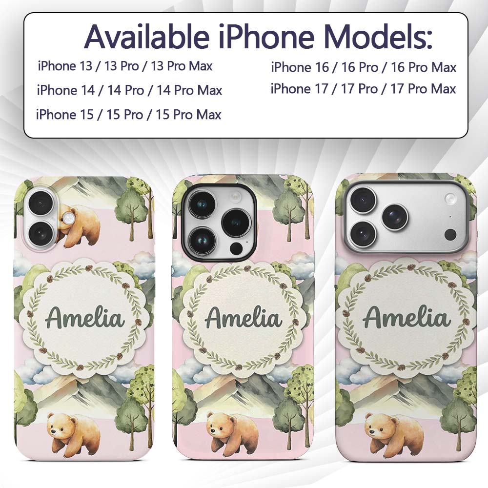 Forest Bear Trees Mountains Clouds on Blush Pink Custom Name Protective Phone Case Mobile Cover Durable Everyday Smartphone Shock Resistant