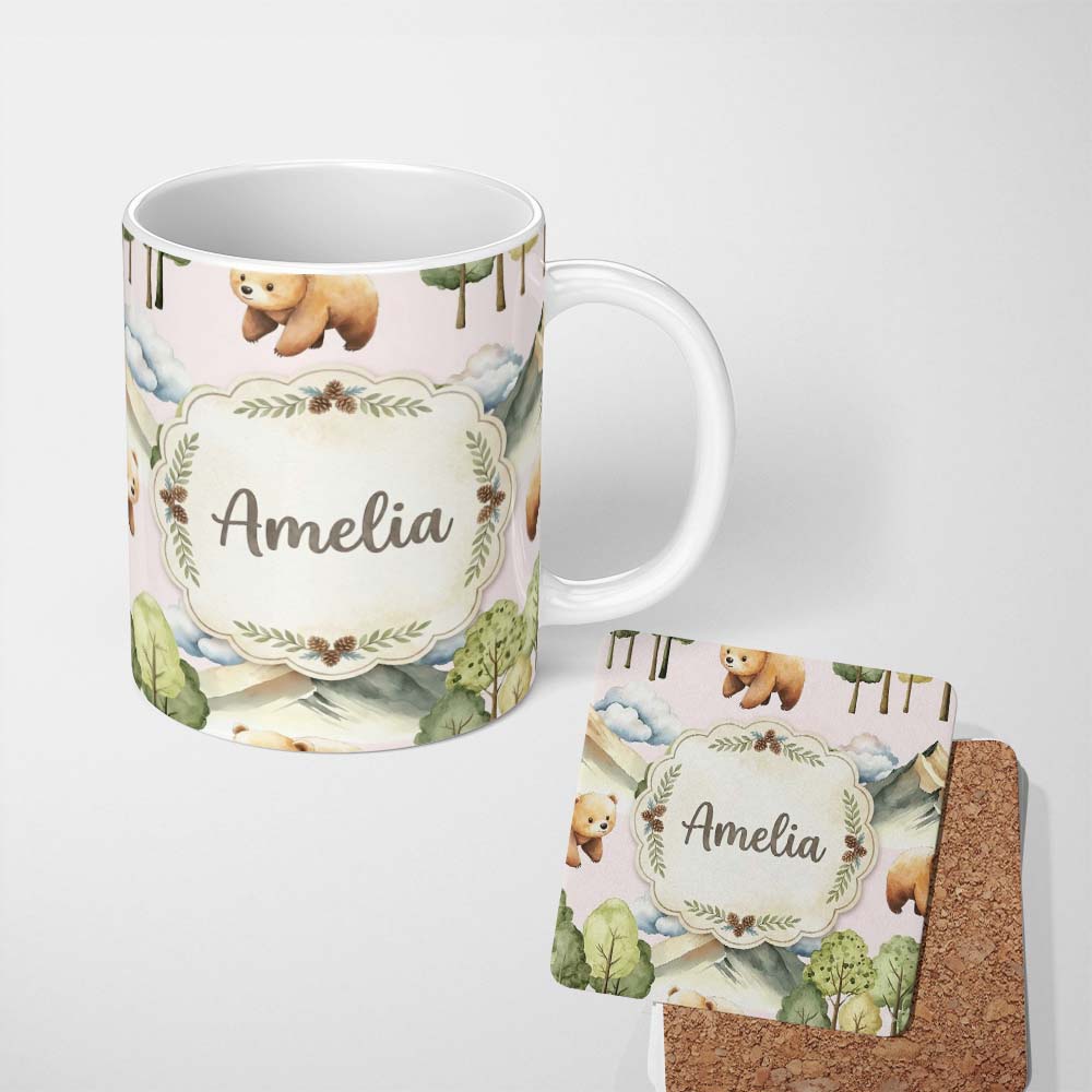 Personalized Custom Name Forest Bear Trees Mountains Clouds on Soft Pink Seamless Pattern 11oz Ceramic Coffee Tea Mug White Large Handle