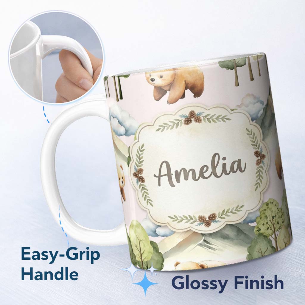 Personalized Custom Name Forest Bear Trees Mountains Clouds on Soft Pink Seamless Pattern 11oz Ceramic Coffee Tea Mug White Large Handle