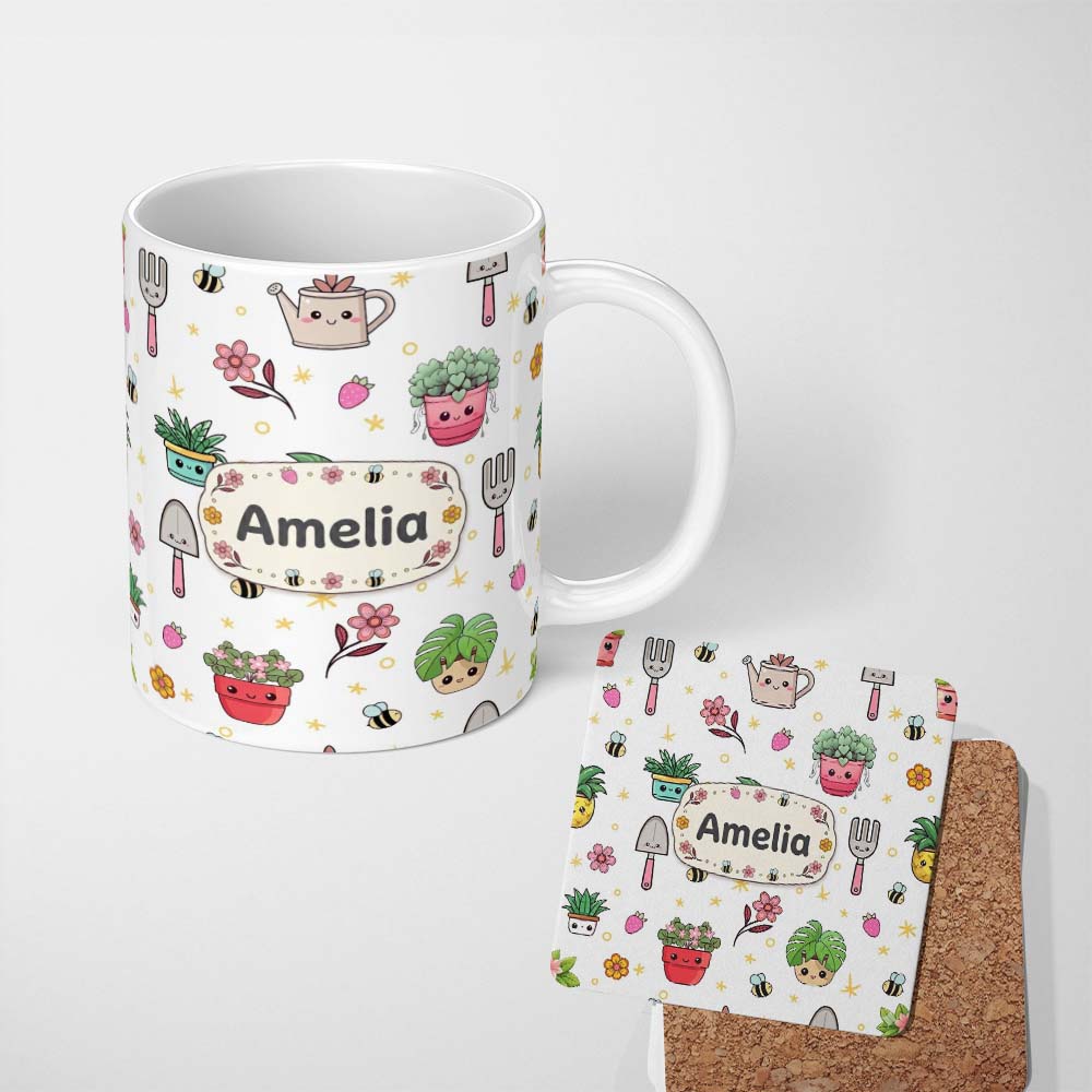 Personalized Custom Name Cute Kawaii Garden Tools Plants Bees Seamless Pattern White Floral 11oz Ceramic Coffee Tea Mug White Large Handle