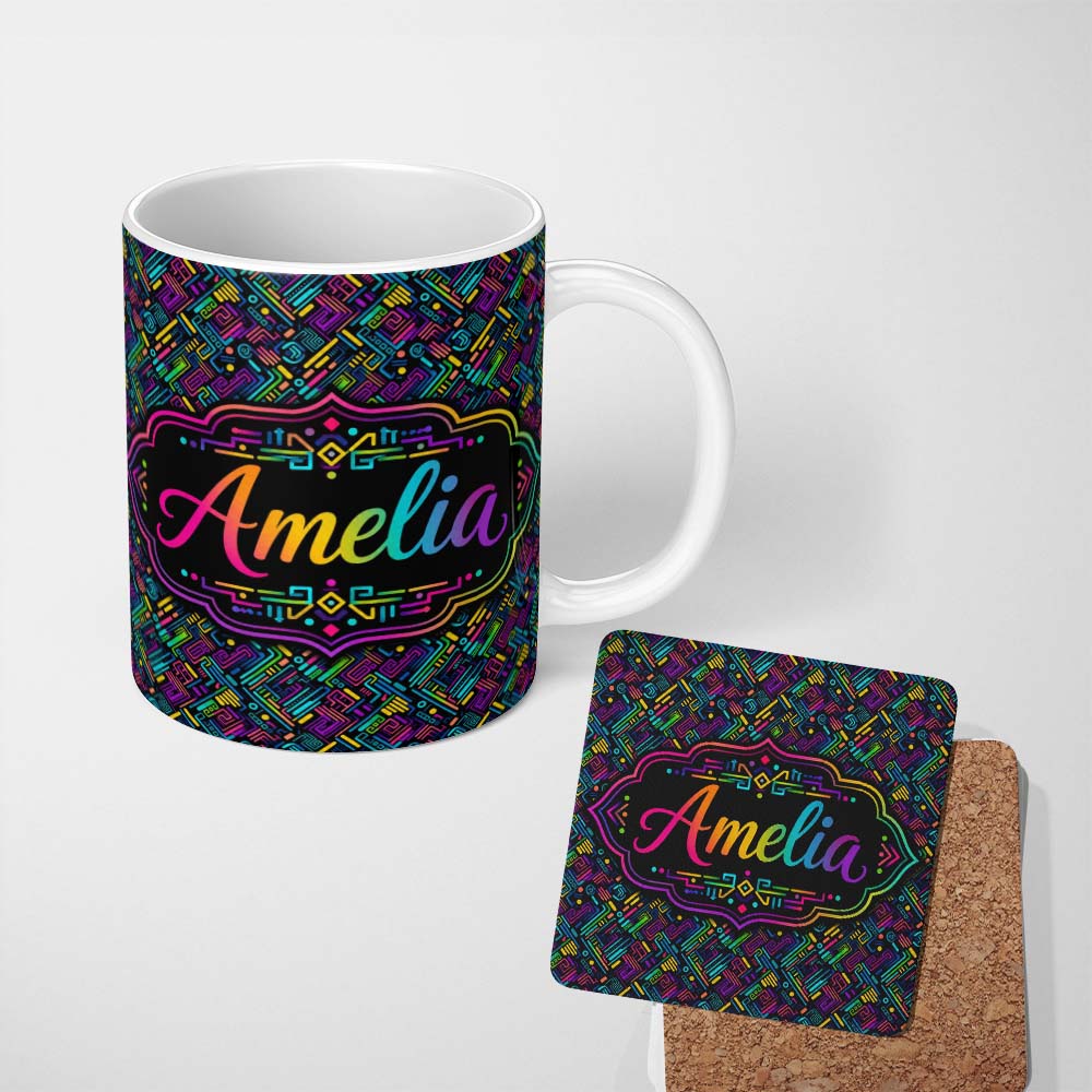 Personalized Custom Name Modern Neon Circuit Board Geometric Seamless Pattern Lovely 11oz Ceramic Coffee Tea Mug White Large Handle