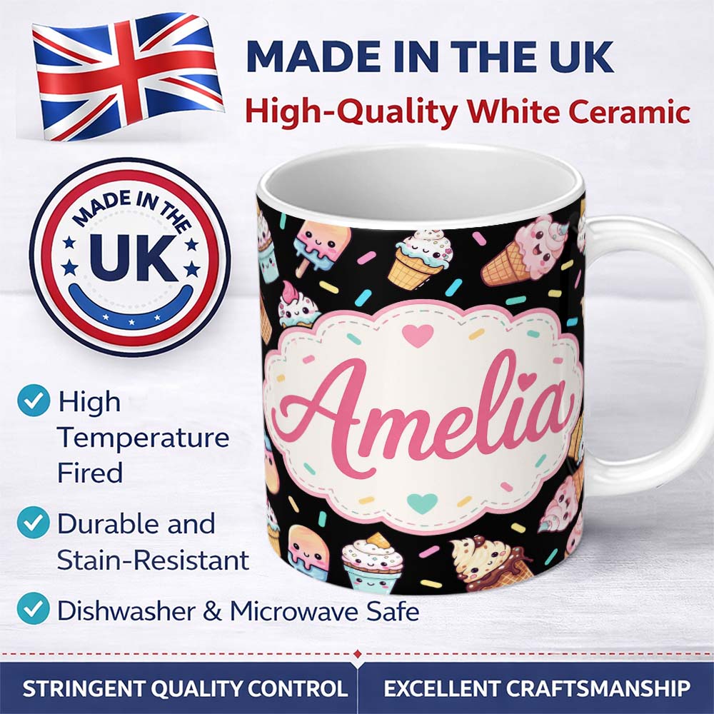 Personalized Custom Name Cute Ice Cream Cones Popsicles and Sweet Treats Seamless Pattern 11oz Ceramic Coffee Tea Mug White Large Handle