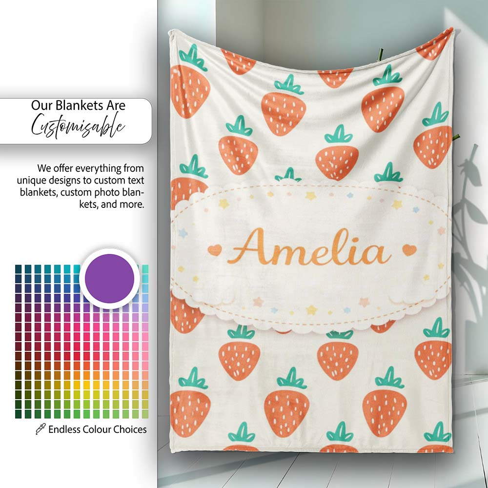 Cute Strawberry Minimal Fruit Seamless Pattern Beautiful Coffee Cup Personalised Custom Name Super Soft Fleece Blanket Bed Sofa Throw