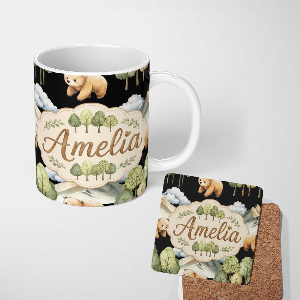 Personalized Custom Name Cute Forest Bear Trees Mountains Clouds on Black Background 11oz Ceramic Coffee Tea Mug White Large Handle