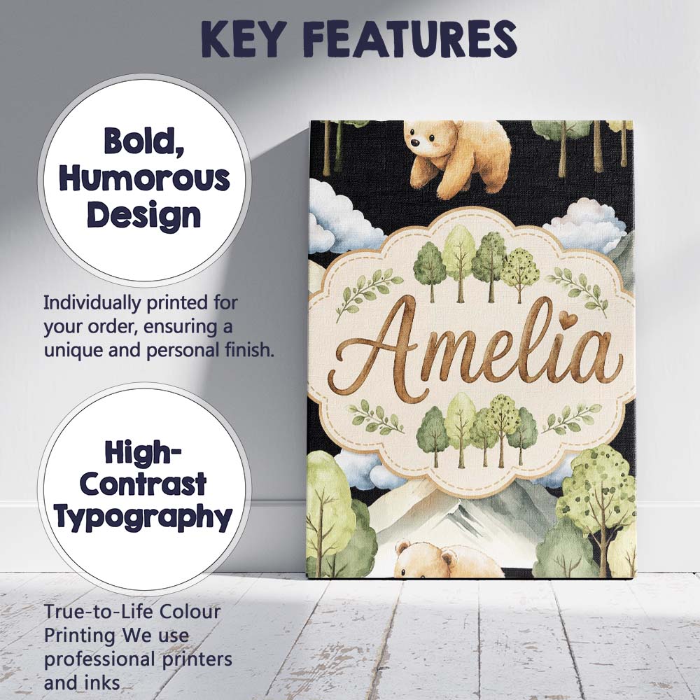 Personalised Name Cute Forest Bear Trees Custom Unique Gift Idea Elegant Feature Canvas Wall Art Print Decor Picture Ready to Hang