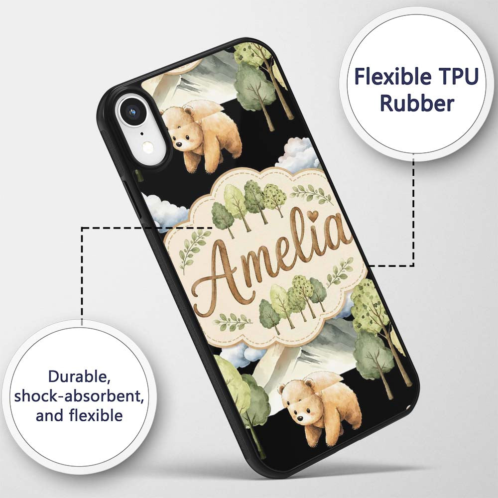 Cute Forest Bear Trees Mountains Clouds on Black Custom Name Protective Phone Case Mobile Cover Durable Everyday Smartphone Shock Resistant