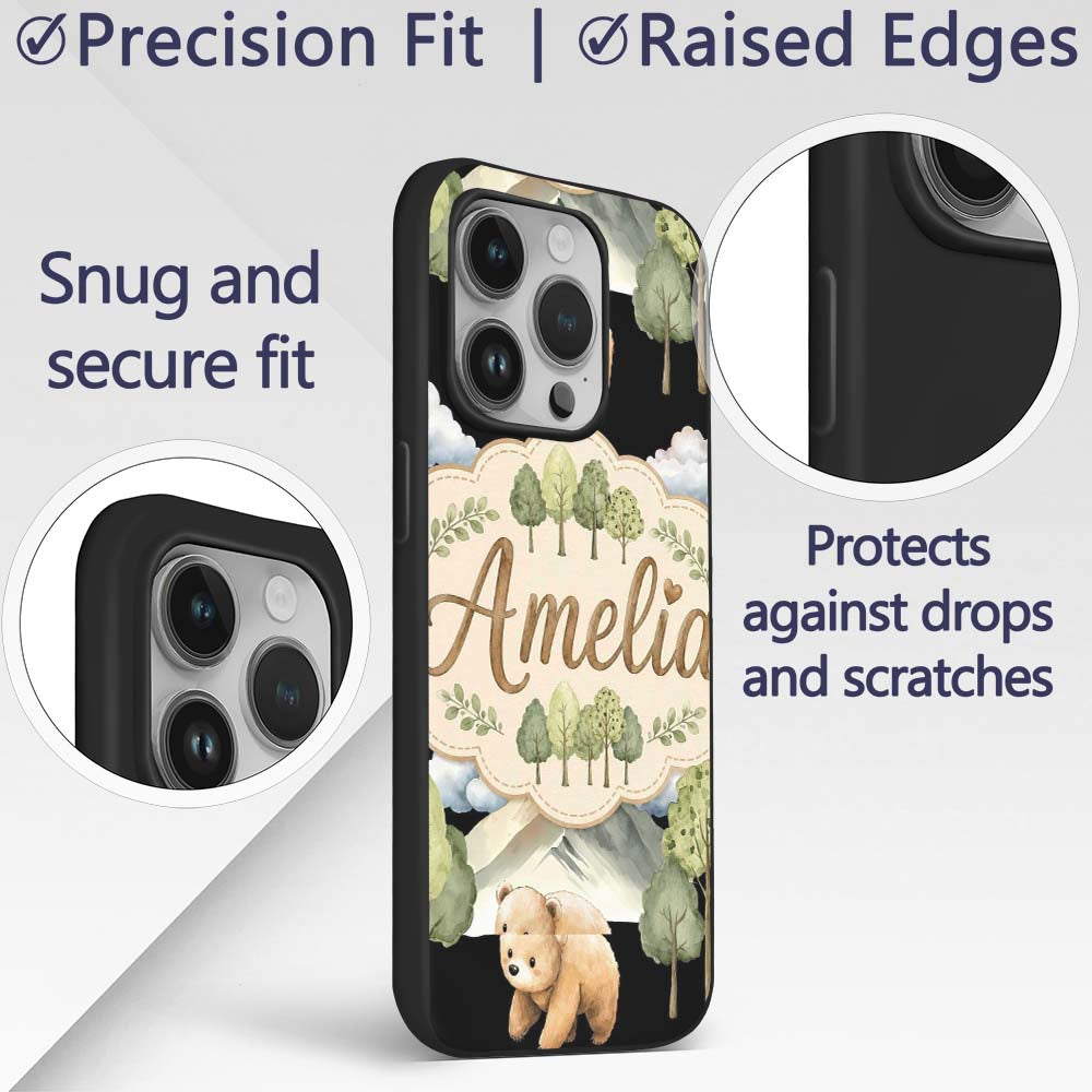Cute Forest Bear Trees Mountains Clouds on Black Custom Name Protective Phone Case Mobile Cover Durable Everyday Smartphone Shock Resistant