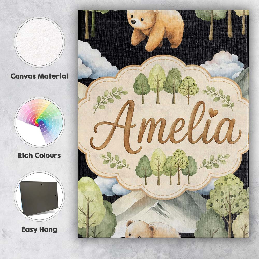 Personalised Name Cute Forest Bear Trees Custom Unique Gift Idea Elegant Feature Canvas Wall Art Print Decor Picture Ready to Hang