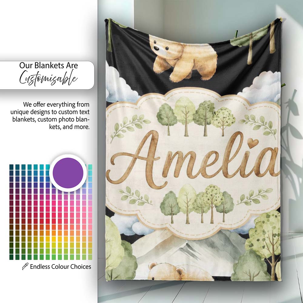 Cute Forest Bear Trees Mountains Clouds on Black Background Personalised Custom Name Super Soft Fleece Blanket Bed Sofa Throw