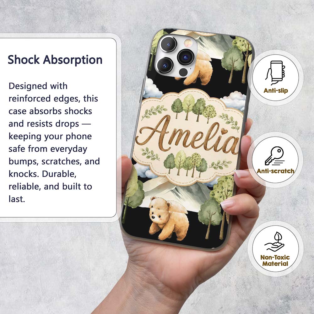 Cute Forest Bear Trees Mountains Clouds on Black Custom Name Protective Phone Case Mobile Cover Durable Everyday Smartphone Shock Resistant