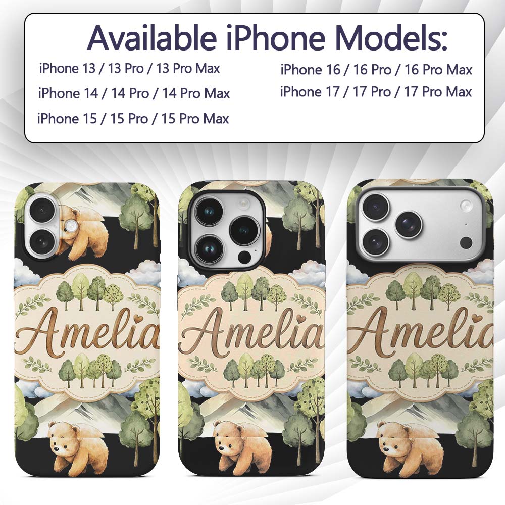 Cute Forest Bear Trees Mountains Clouds on Black Custom Name Protective Phone Case Mobile Cover Durable Everyday Smartphone Shock Resistant