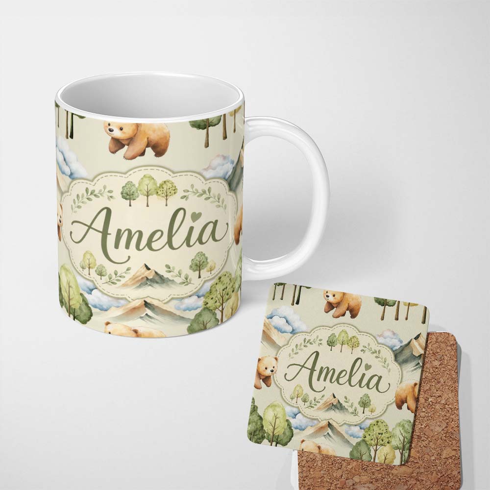 Personalized Custom Name Cute Forest Bear Trees Mountains Clouds on Cream Background 11oz Ceramic Coffee Tea Mug White Large Handle