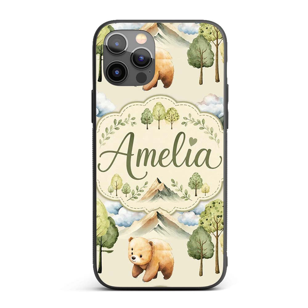 Cute Forest Bear Trees Mountains Clouds on Cream Custom Name Protective Phone Case Mobile Cover Durable Everyday Smartphone Shock Resistant