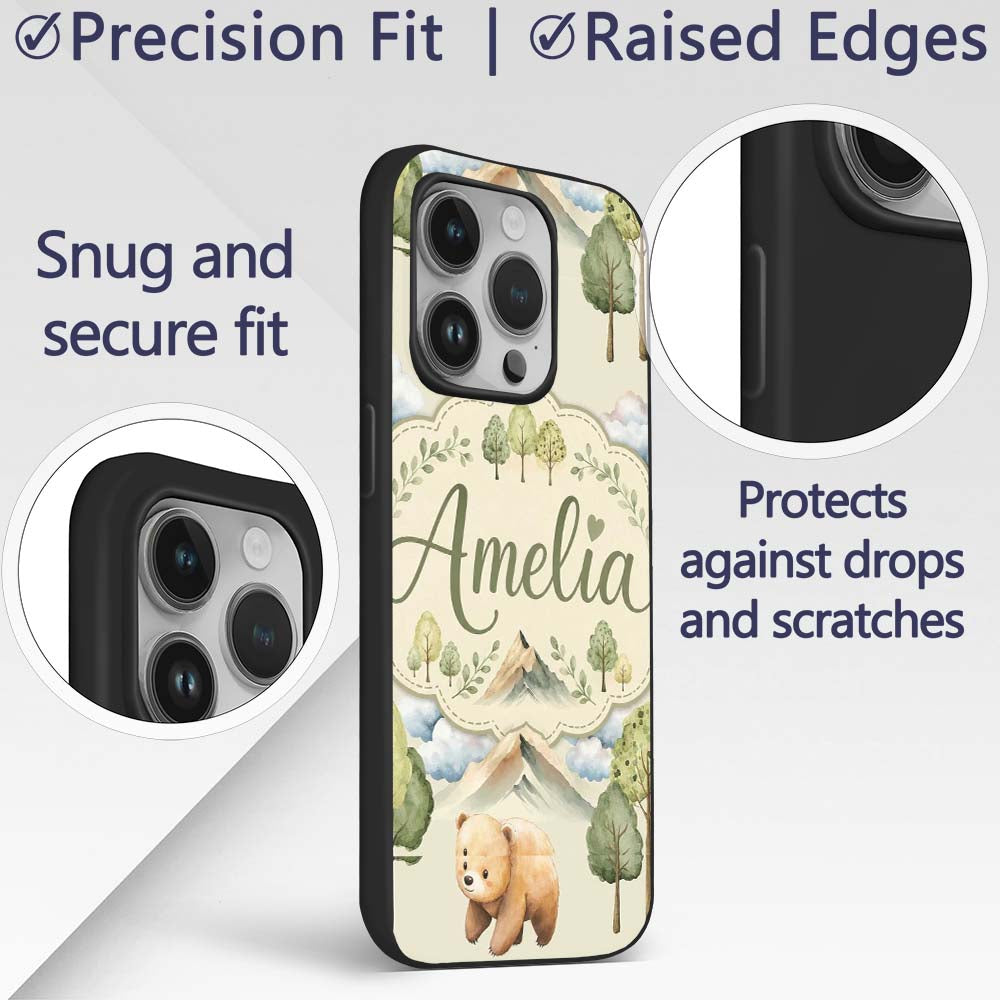 Cute Forest Bear Trees Mountains Clouds on Cream Custom Name Protective Phone Case Mobile Cover Durable Everyday Smartphone Shock Resistant