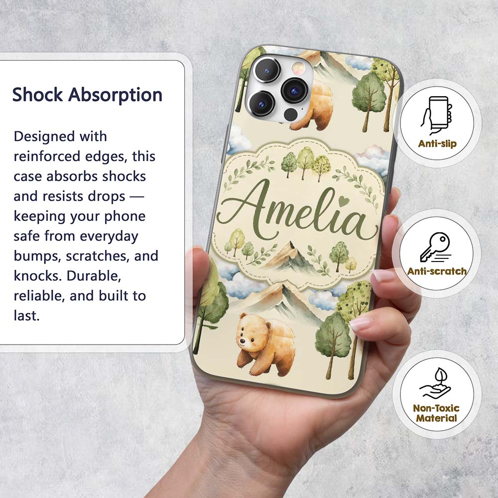 Cute Forest Bear Trees Mountains Clouds on Cream Custom Name Protective Phone Case Mobile Cover Durable Everyday Smartphone Shock Resistant