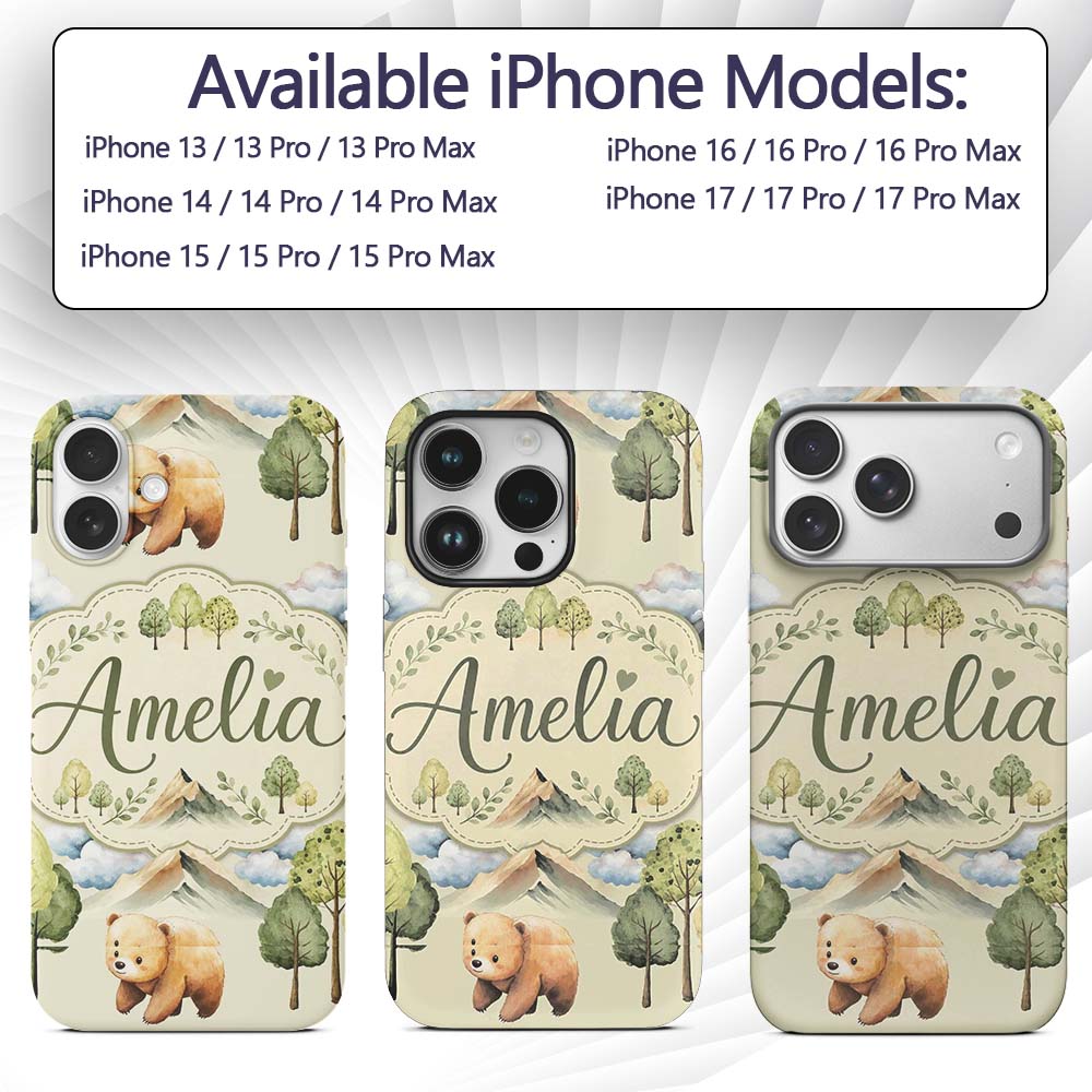 Cute Forest Bear Trees Mountains Clouds on Cream Custom Name Protective Phone Case Mobile Cover Durable Everyday Smartphone Shock Resistant
