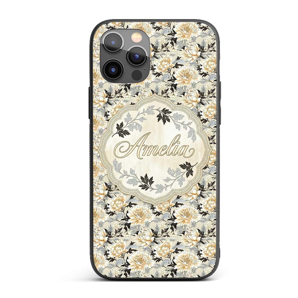 Elegant Peach and Dark Leaf Floral Printed Design Custom Name Protective Phone Case Mobile Cover Durable Everyday Smartphone Shock Resistant