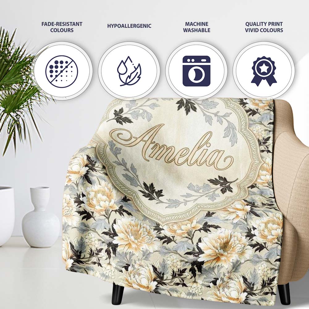Elegant Peach and Dark Leaf Floral Seamless Pattern Vintage Lovely Personalised Custom Name Super Soft Fleece Blanket Bed Sofa Throw