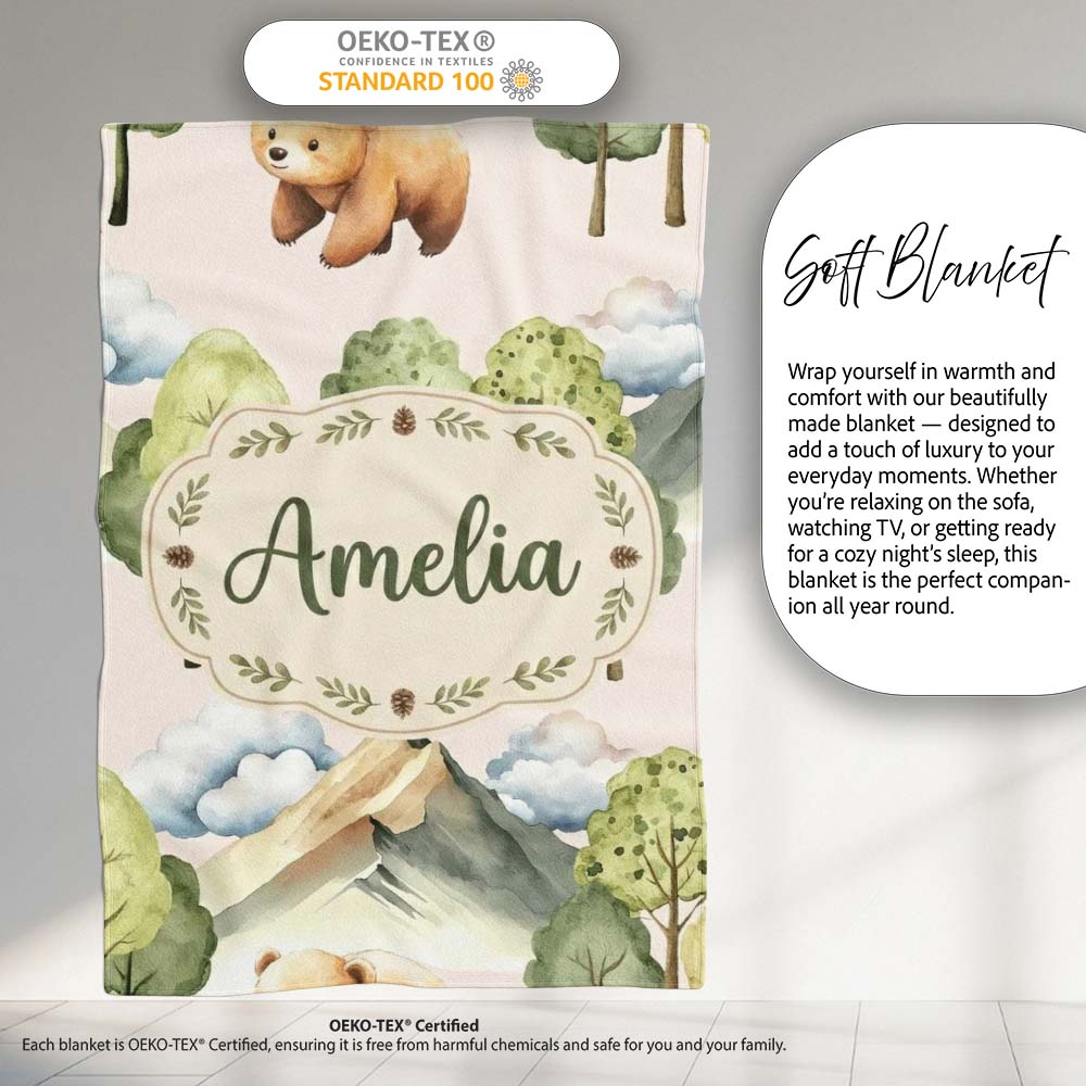 Forest Bear Trees Mountains Clouds on Warm Beige Seamless Pattern Personalised Custom Name Super Soft Fleece Blanket Bed Sofa Throw
