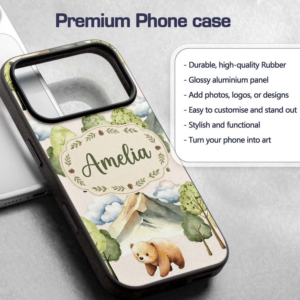 Forest Bear Trees Mountains Clouds on Warm Beige Custom Name Protective Phone Case Mobile Cover Durable Everyday Smartphone Shock Resistant
