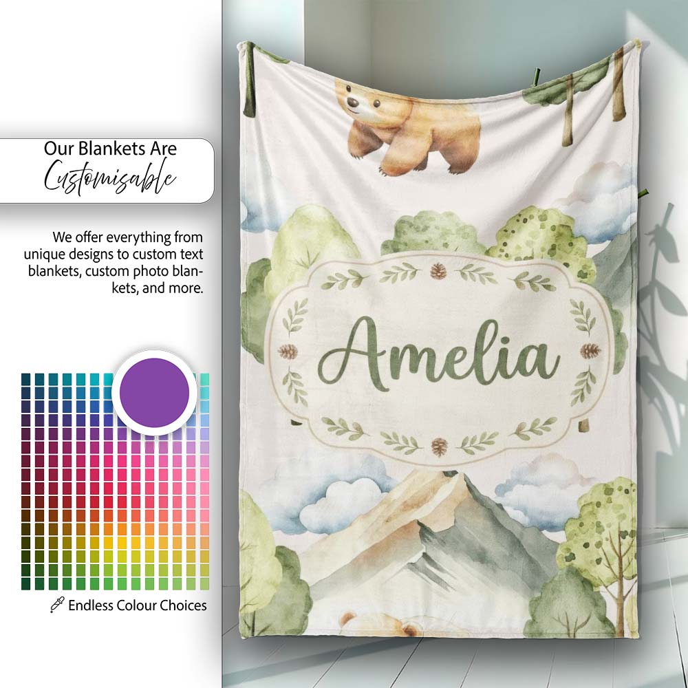 Forest Bear Trees Mountains Clouds on Warm Beige Seamless Pattern Personalised Custom Name Super Soft Fleece Blanket Bed Sofa Throw