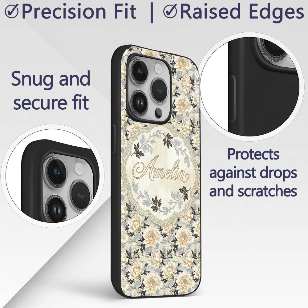 Elegant Peach and Dark Leaf Floral Printed Design Custom Name Protective Phone Case Mobile Cover Durable Everyday Smartphone Shock Resistant
