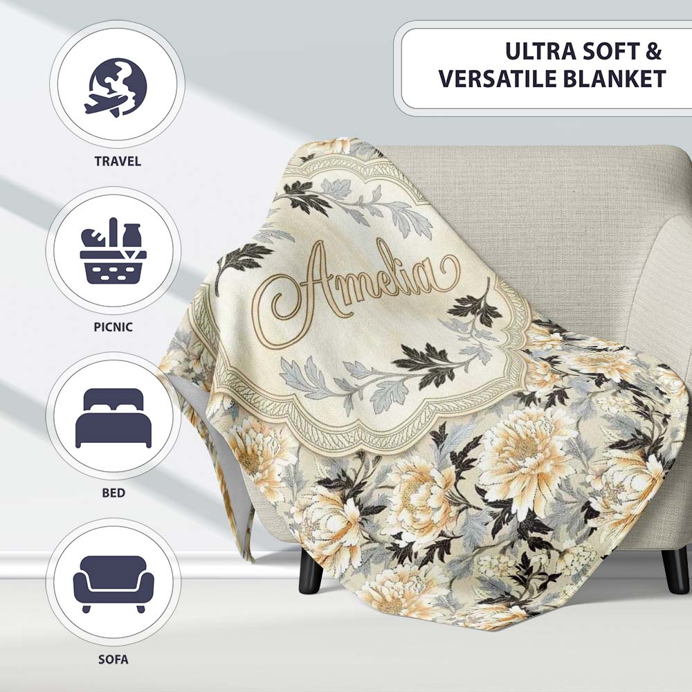 Elegant Peach and Dark Leaf Floral Seamless Pattern Vintage Lovely Personalised Custom Name Super Soft Fleece Blanket Bed Sofa Throw