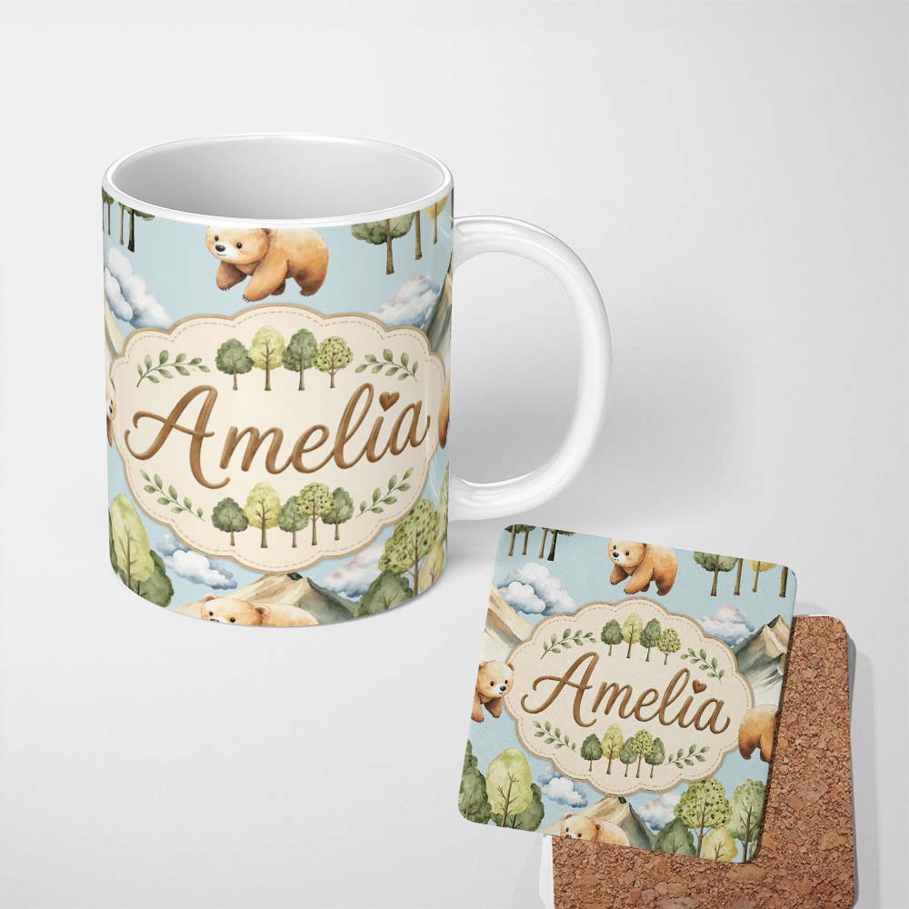 Personalized Custom Name Forest Bear Trees Mountains Clouds on Soft Blue Seamless Pattern 11oz Ceramic Coffee Tea Mug White Large Handle