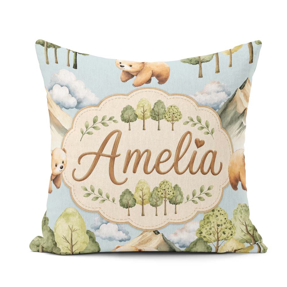 Custom Name Forest Bear Trees Mountains Clouds Soft Blue Pattern Square Filled Cushion Throw Pillow Sofa Bed Home Decor Zip Washable UK Made