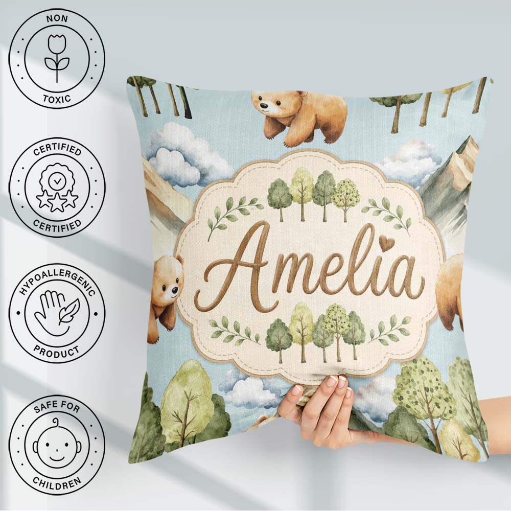 Custom Name Forest Bear Trees Mountains Clouds Soft Blue Pattern Square Filled Cushion Throw Pillow Sofa Bed Home Decor Zip Washable UK Made