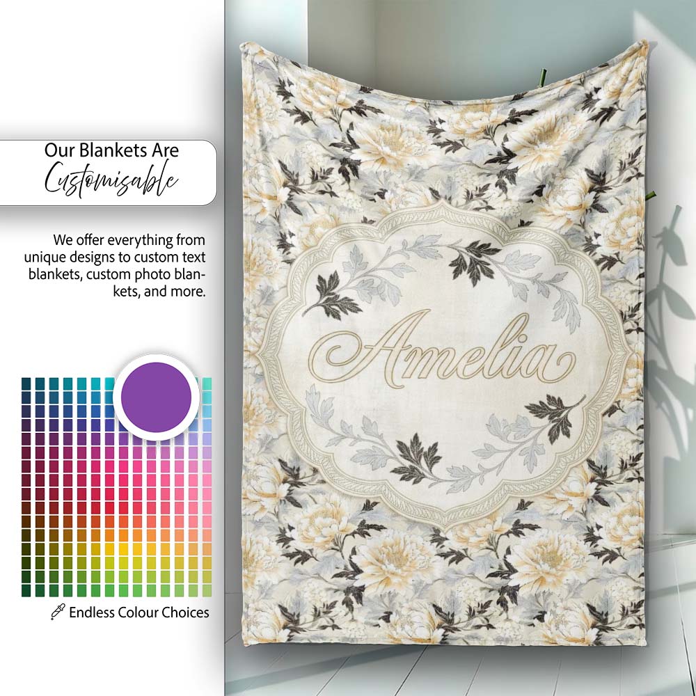 Elegant Peach and Dark Leaf Floral Seamless Pattern Vintage Lovely Personalised Custom Name Super Soft Fleece Blanket Bed Sofa Throw