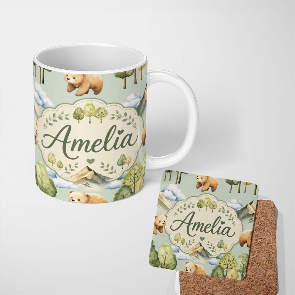 Personalized Custom Name Forest Bear Trees Mountains Clouds on Sage Green Seamless Pattern 11oz Ceramic Coffee Tea Mug White Large Handle