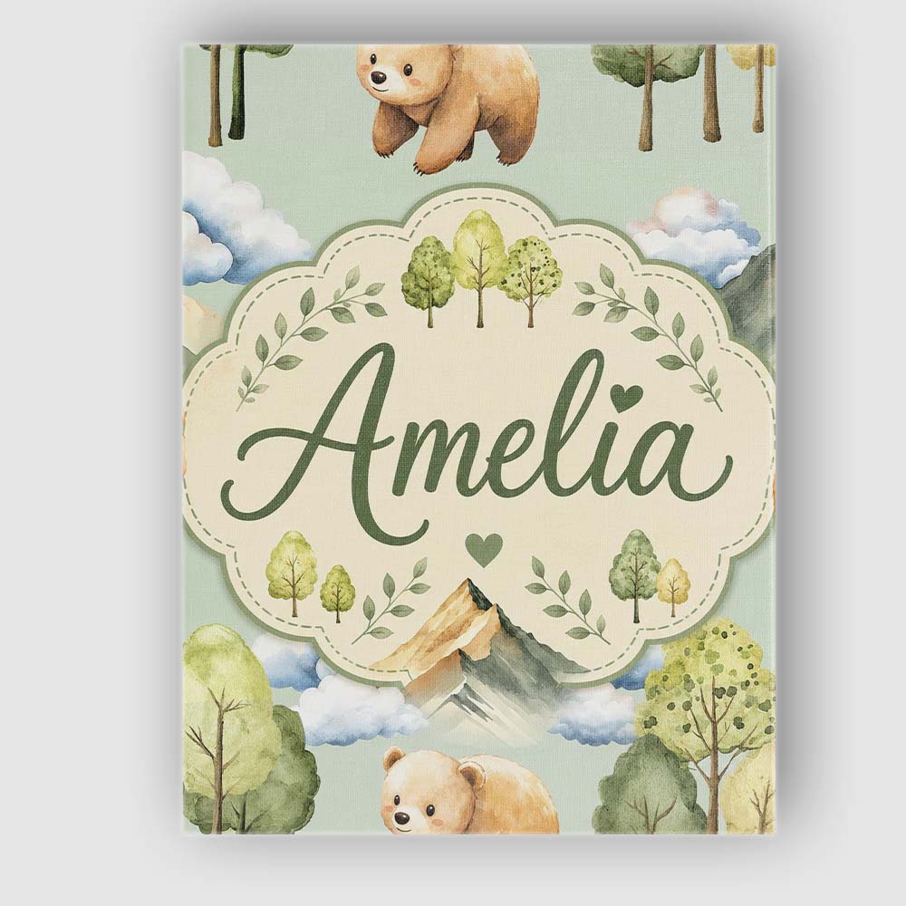 Personalised Name Forest Bear Trees Mountains Custom Unique Gift Idea Modern Room Accent Canvas Wall Art Print Decor Picture Ready to Hang