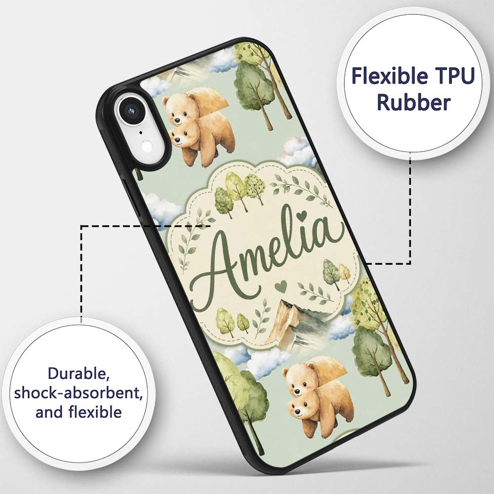 Forest Bear Trees Mountains Clouds on Sage Green Custom Name Protective Phone Case Mobile Cover Durable Everyday Smartphone Shock Resistant