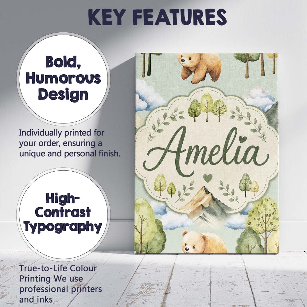 Personalised Name Forest Bear Trees Mountains Custom Unique Gift Idea Modern Room Accent Canvas Wall Art Print Decor Picture Ready to Hang