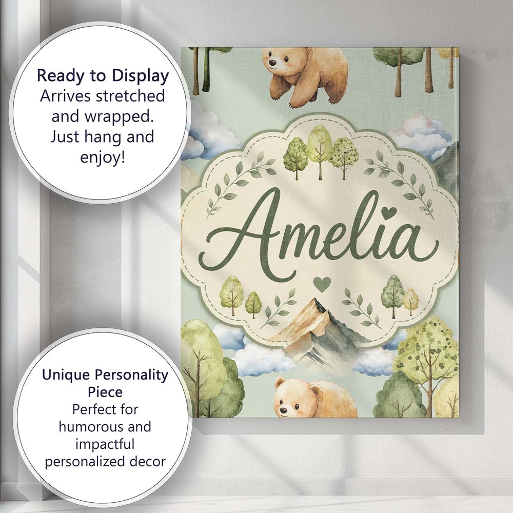 Personalised Name Forest Bear Trees Mountains Custom Unique Gift Idea Modern Room Accent Canvas Wall Art Print Decor Picture Ready to Hang