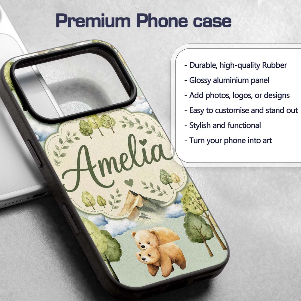 Forest Bear Trees Mountains Clouds on Sage Green Custom Name Protective Phone Case Mobile Cover Durable Everyday Smartphone Shock Resistant