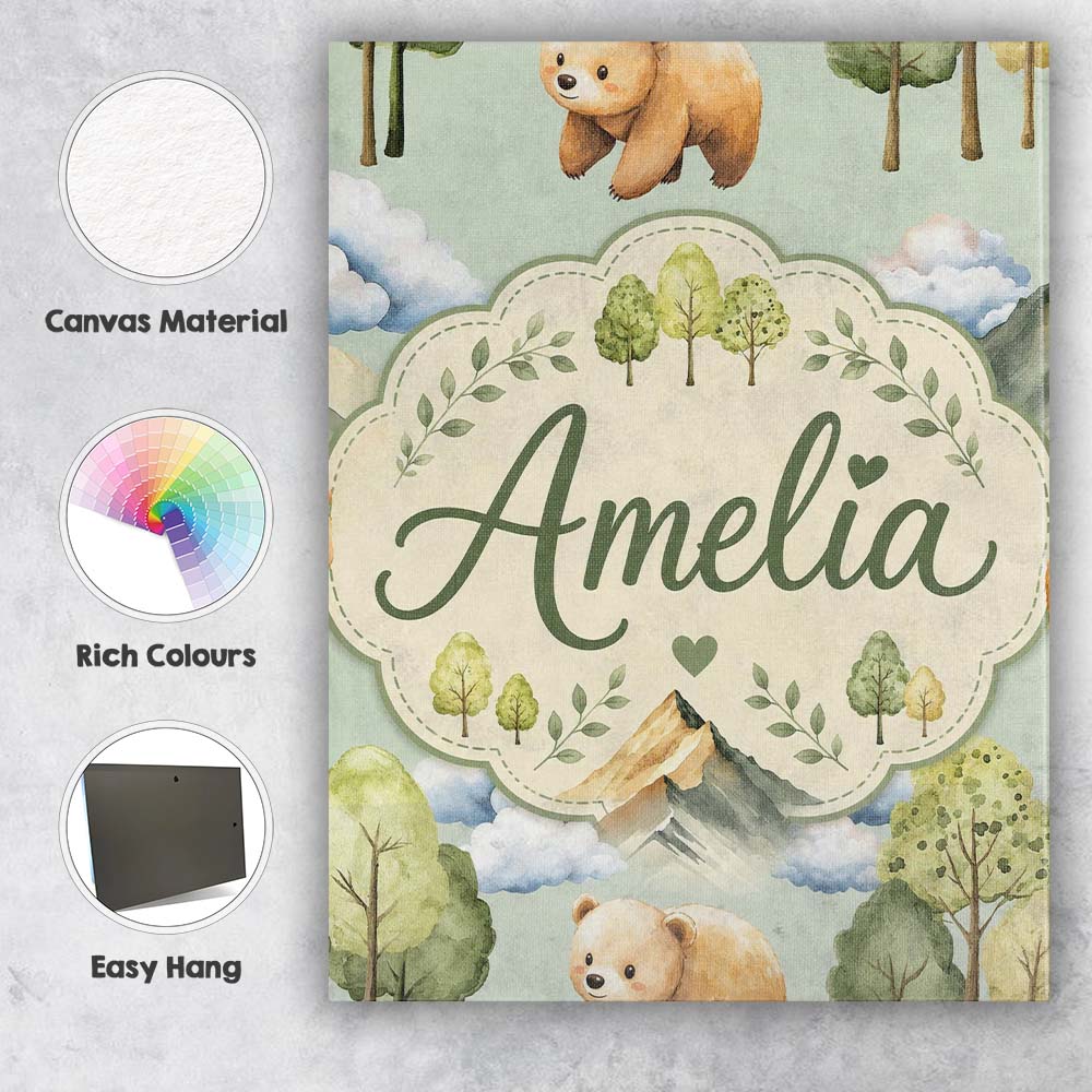 Personalised Name Forest Bear Trees Mountains Custom Unique Gift Idea Modern Room Accent Canvas Wall Art Print Decor Picture Ready to Hang